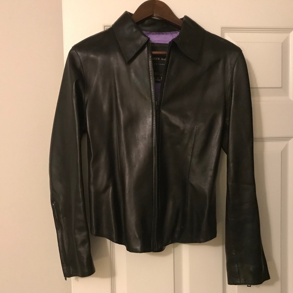 Andrew Marc black lamb skin leather jacket.
